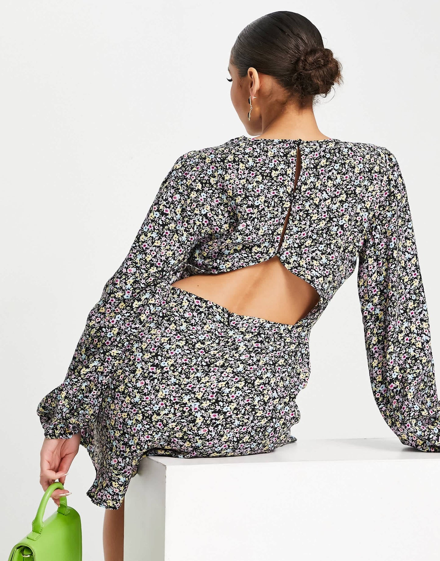 NA-KD long sleeve open back mini dress in floral