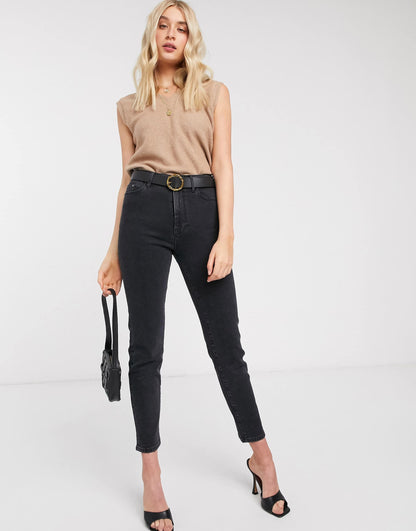 Stradivarius Tall slim mom jean with stretch in black wash