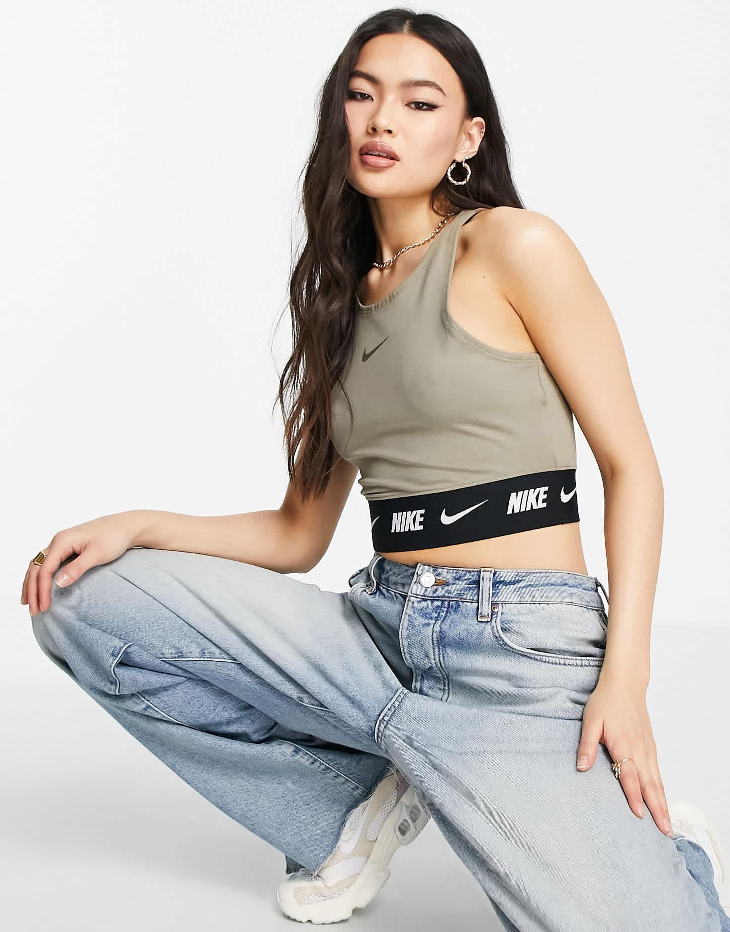 Nike swoosh tape crop top in matte olive