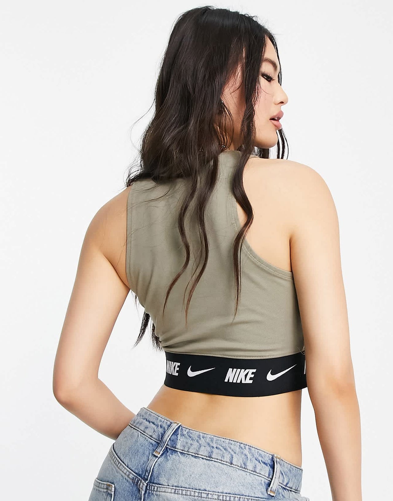 Nike swoosh tape crop top in matte olive