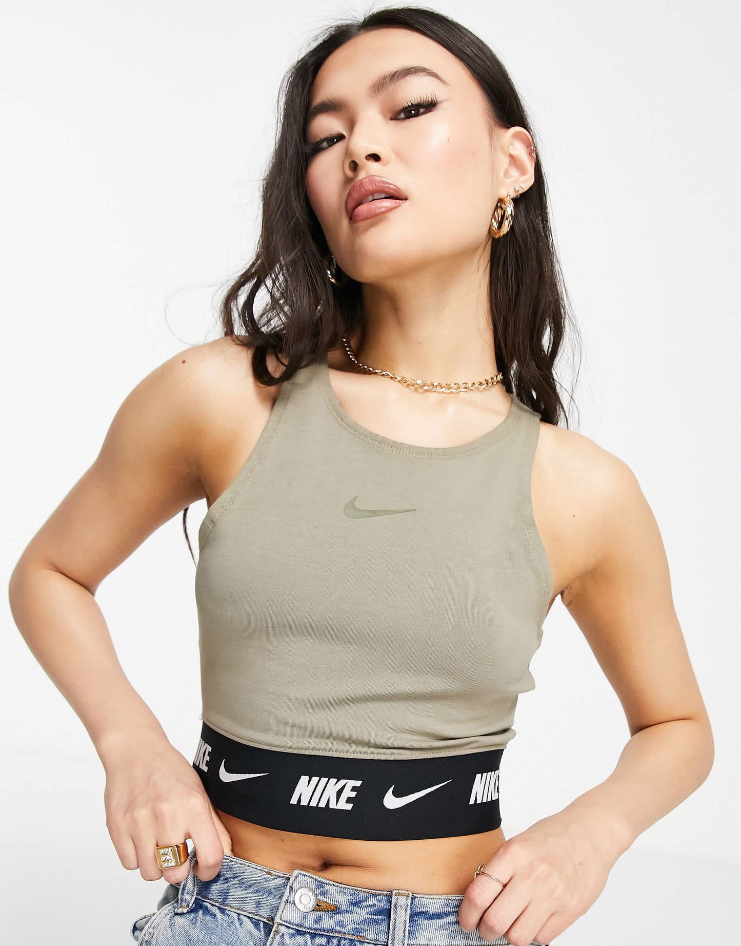 Nike swoosh tape crop top in matte olive
