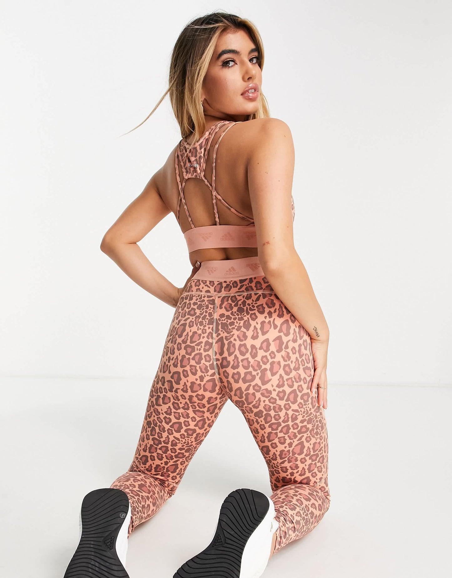 adidas Training bra with cut out detail in orange leopard print