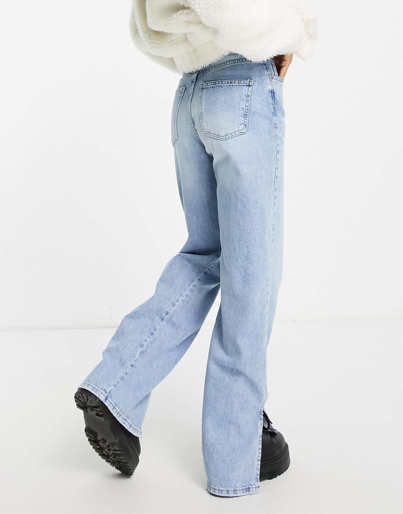 Stradivarius Petite dad jean with split hem detail in vintage blue