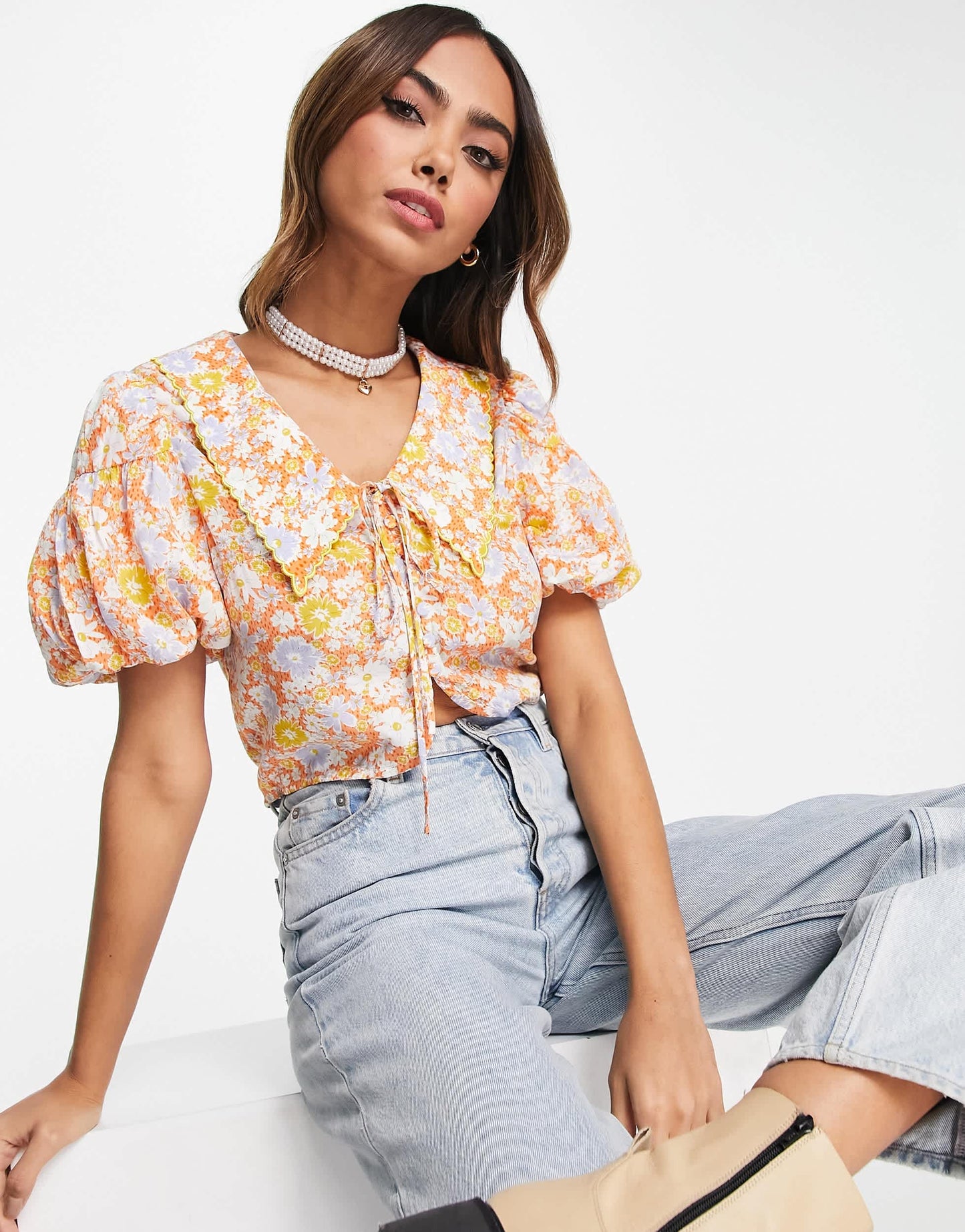 Urban Revivo retro floral print collar detail blouse in red