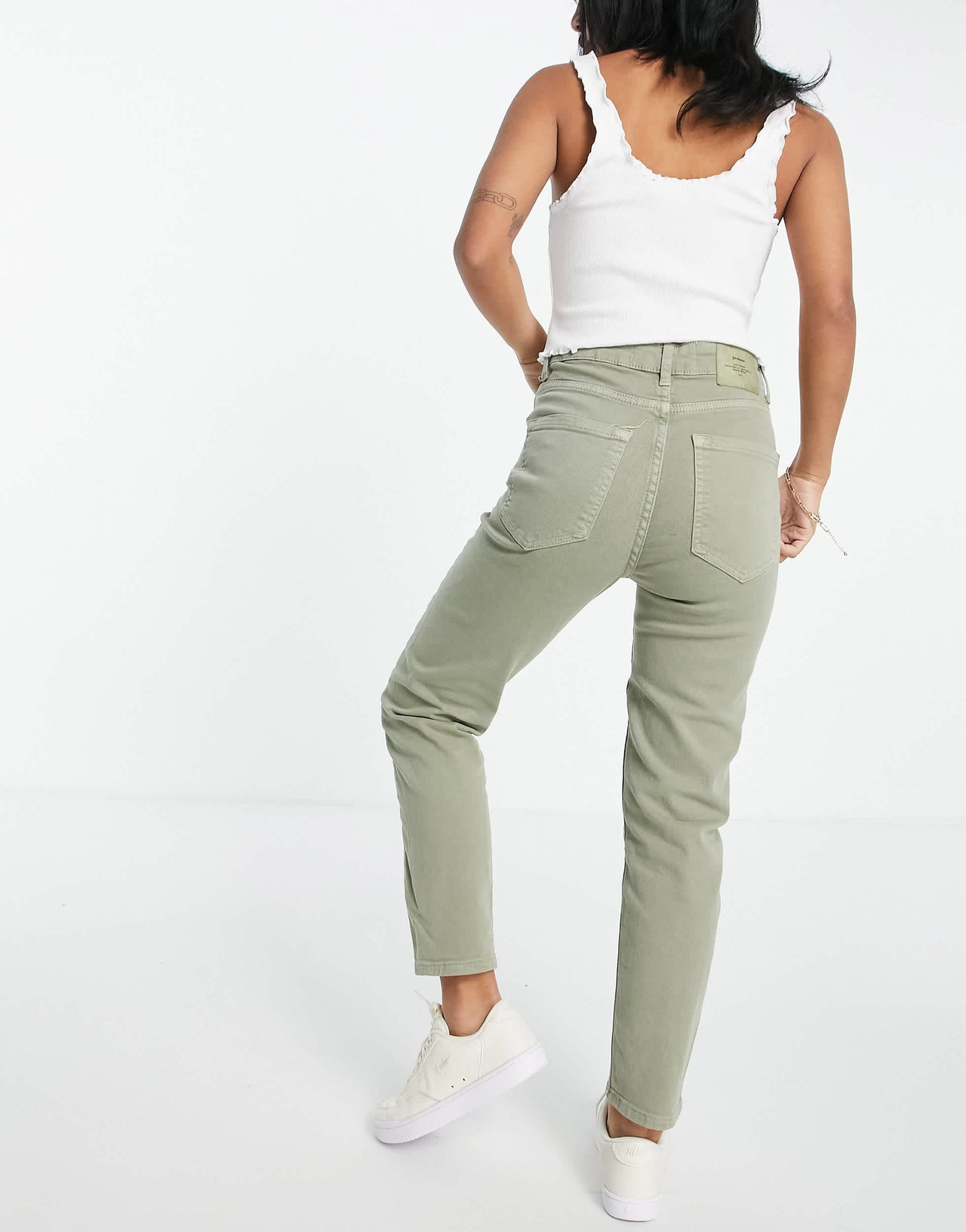 Stradivarius Petite slim mom jean with stretch in washed khaki