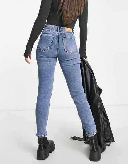 Stradivarius Tall slim mom jean with stretch and rip in medium blue