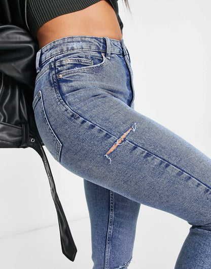 Stradivarius Tall slim mom jean with stretch and rip in medium blue