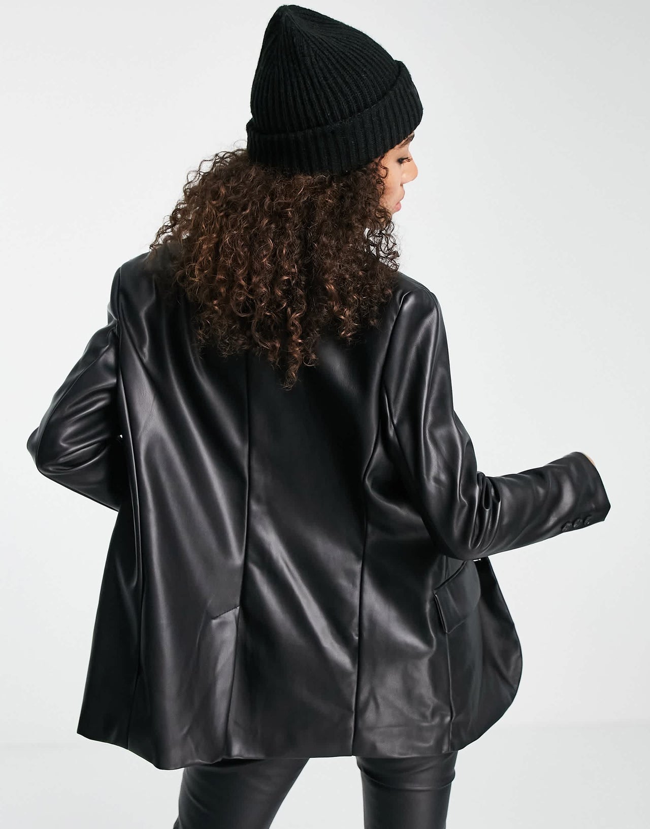 Bershka oversized faux leather blazer in black