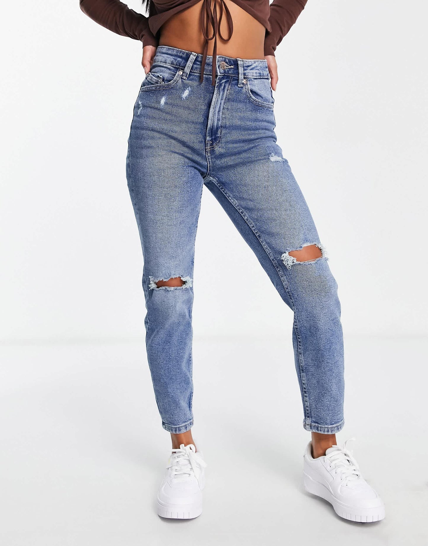 Stradivarius Petite slim mom jean with stretch and rip in authentic blue