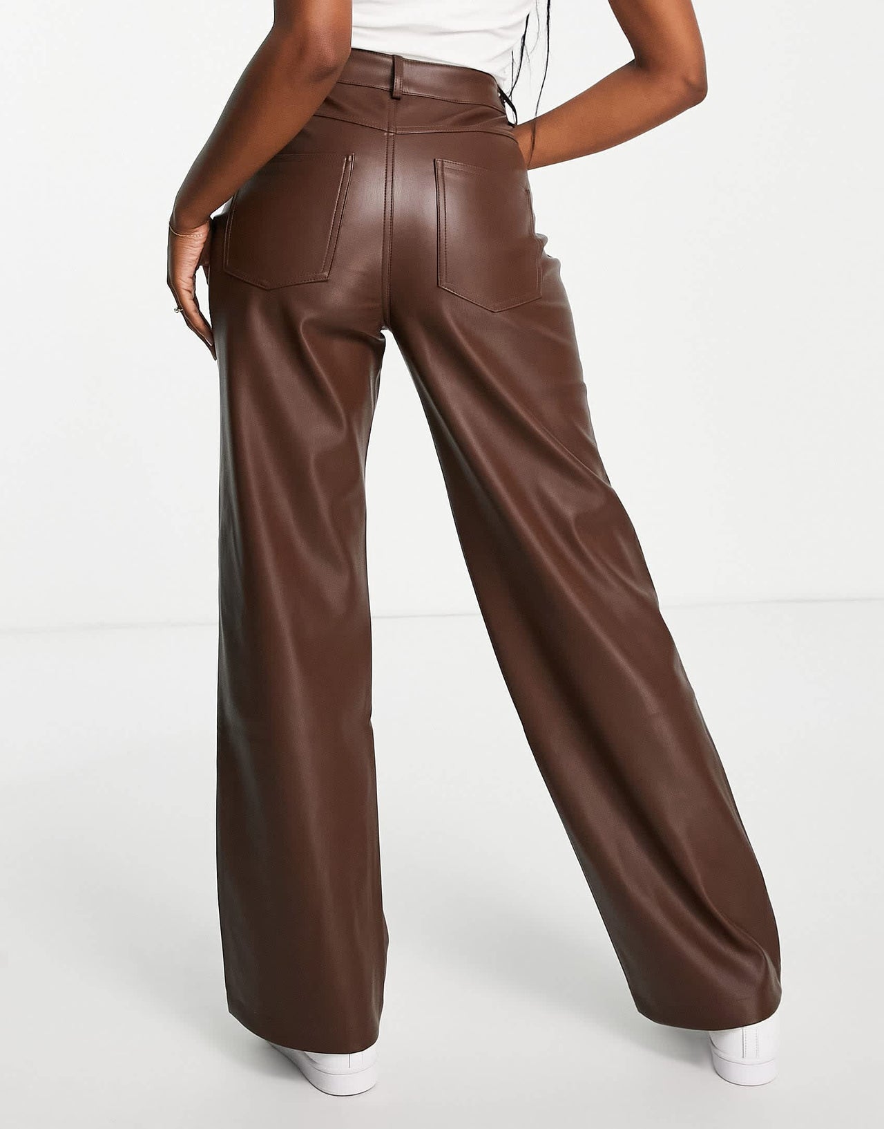 Stradivarius dad faux leather trousers in chocolate brown