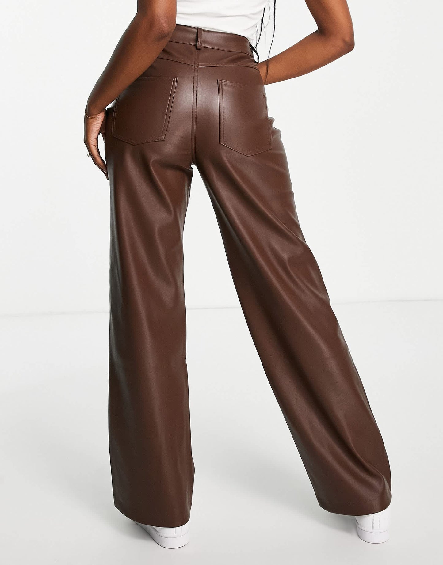 Stradivarius dad faux leather trousers in chocolate brown