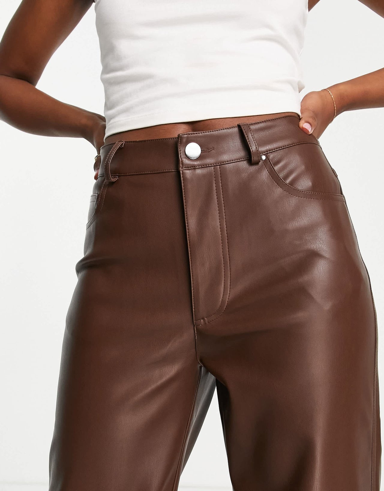 Stradivarius dad faux leather trousers in chocolate brown