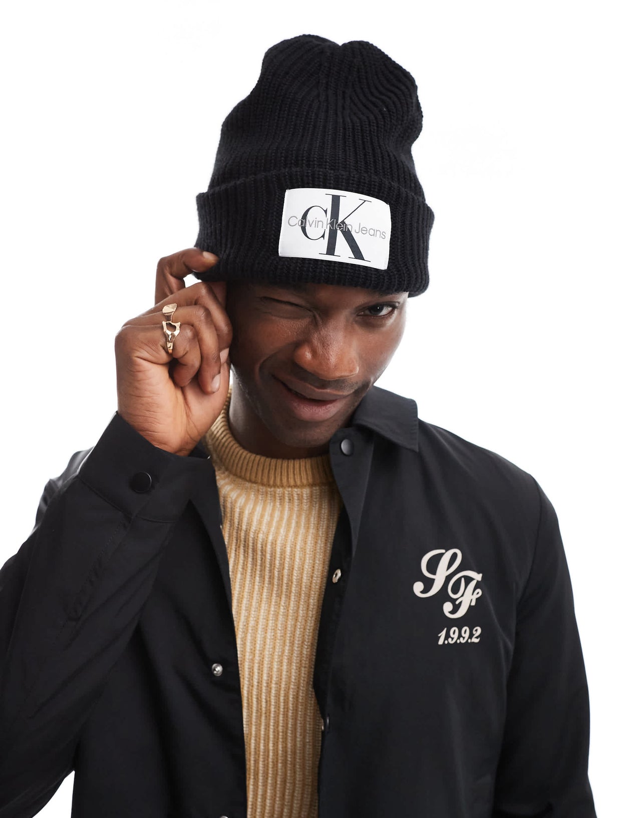 Calvin Klein monogram badge beanie in black