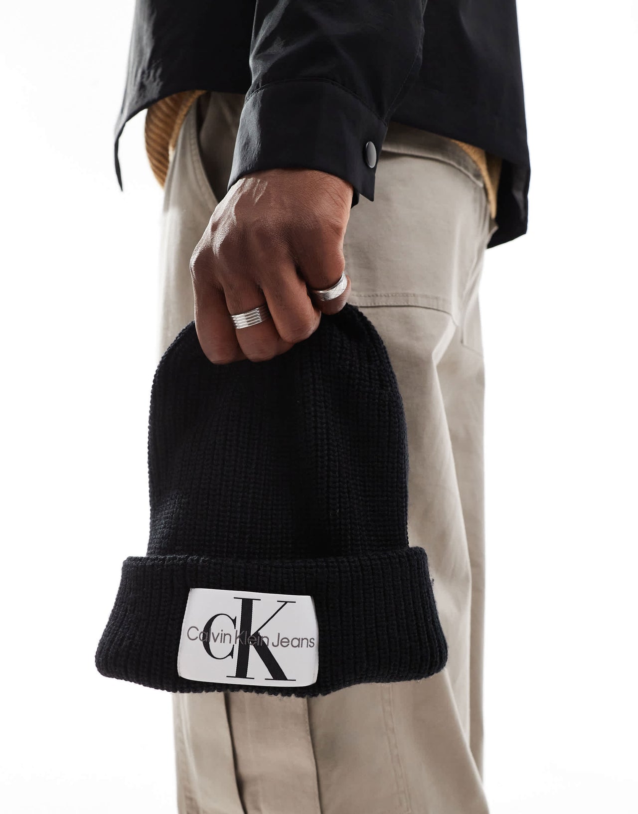 Calvin Klein monogram badge beanie in black