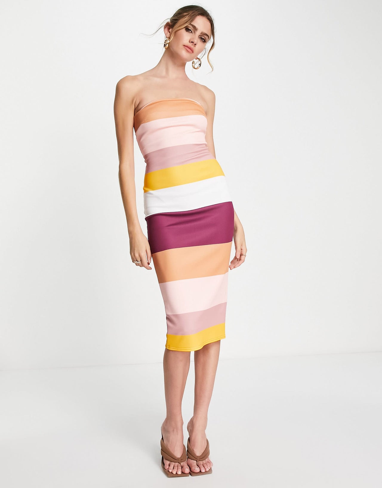 ASOS DESIGN bandeau pencil midi dress in multi stripe print