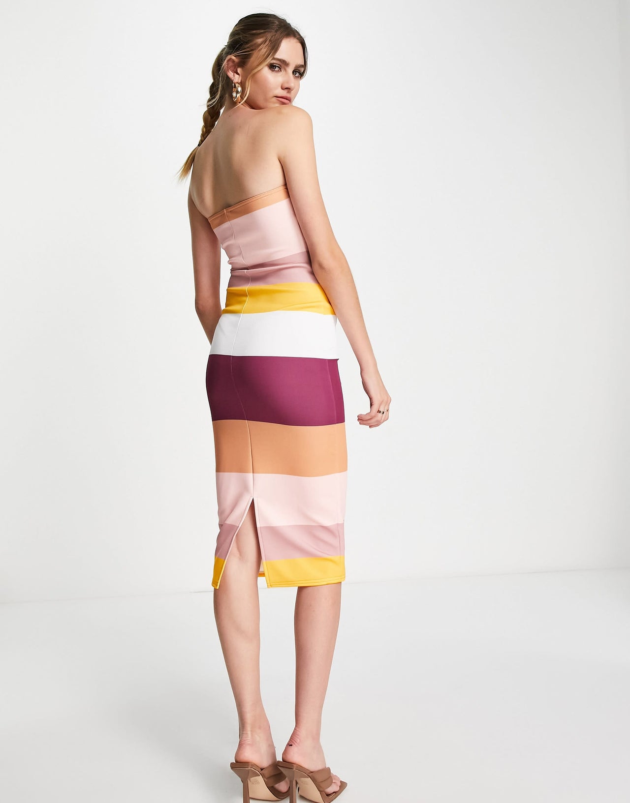 ASOS DESIGN bandeau pencil midi dress in multi stripe print