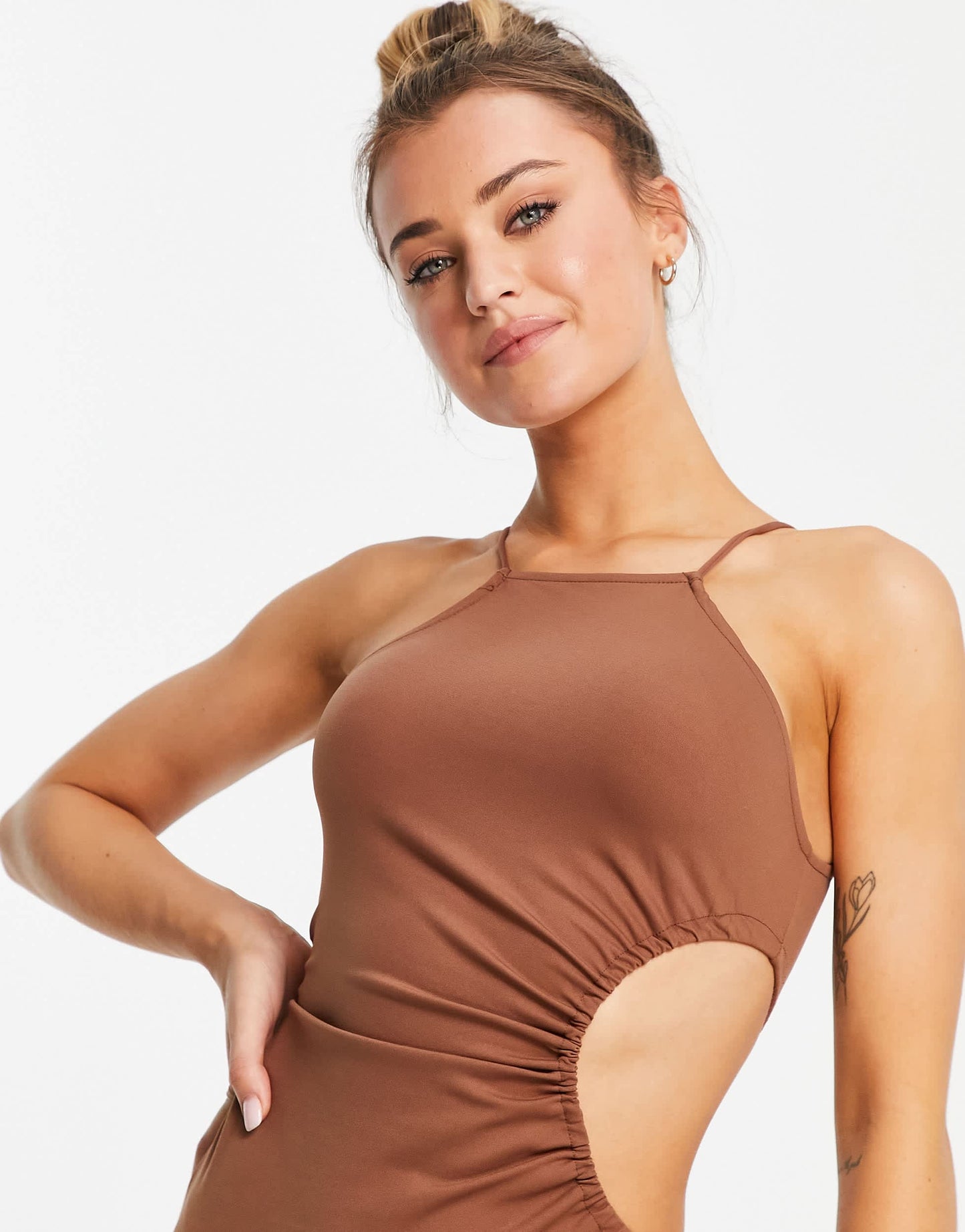 Pull&Bear racer back dress with cut out in brown