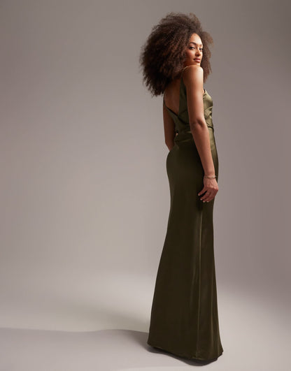 ASOS DESIGN Bridesmaid satin cami maxi dress with drape detail in olive