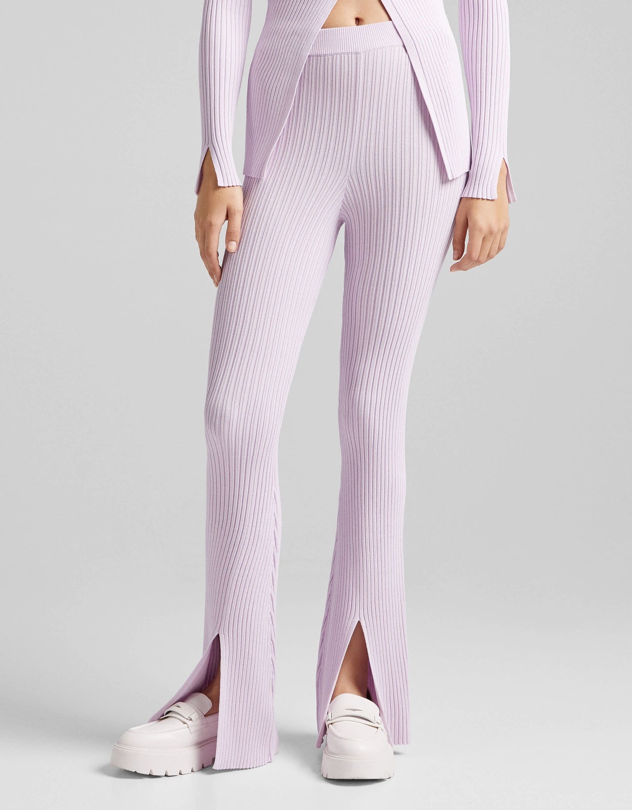 Bershka knitted rib detail trousers with split detail in lilac