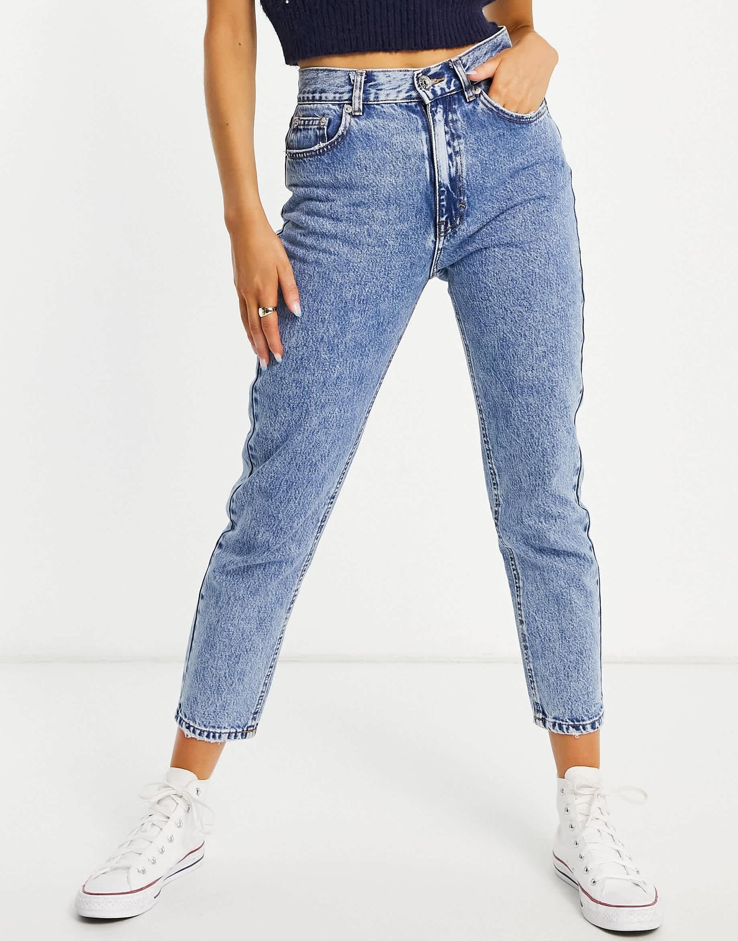 Pull&Bear basic high waisted mom jean in medium blue