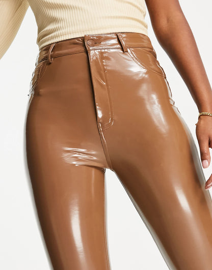 Pull&Bear high waisted skinny vinyl trouser in brown