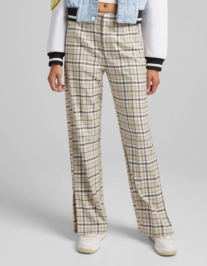 Bershka wide leg trouser co-ord with split hem detail in beige check