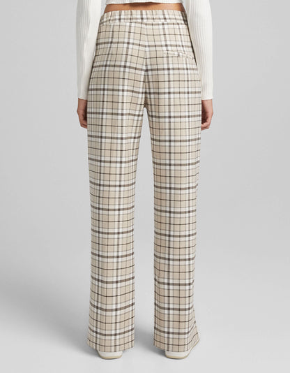 Bershka wide leg trouser co-ord with split hem detail in beige check