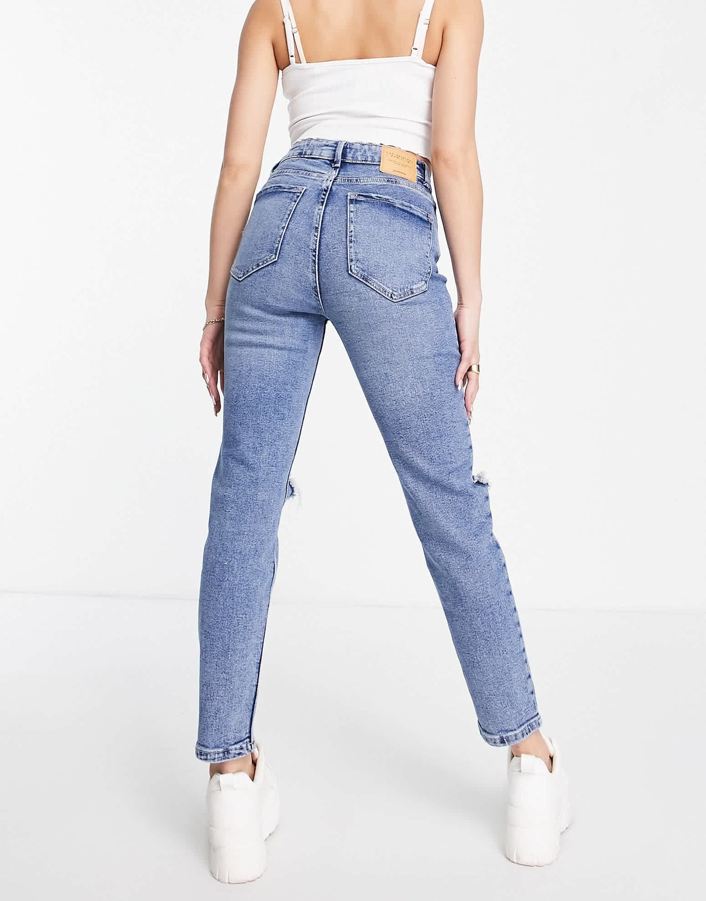 Stradivarius slim mom jean with stretch and rip in authentic blue