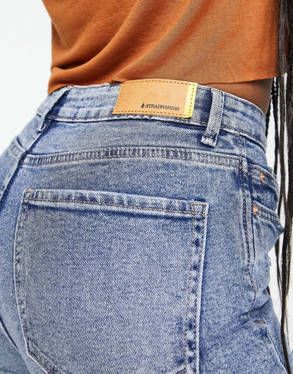 Stradivarius Tall slim mom jean with stretch and rip in authentic blue