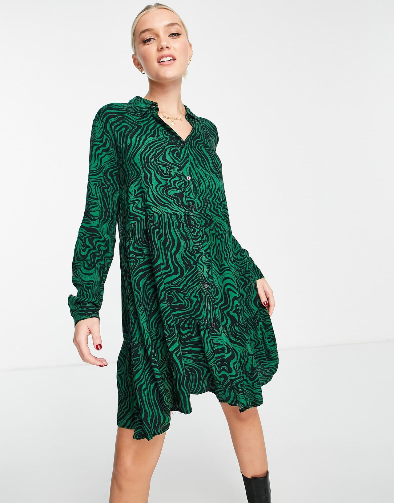 Stradivarius shirt dress in green wave print