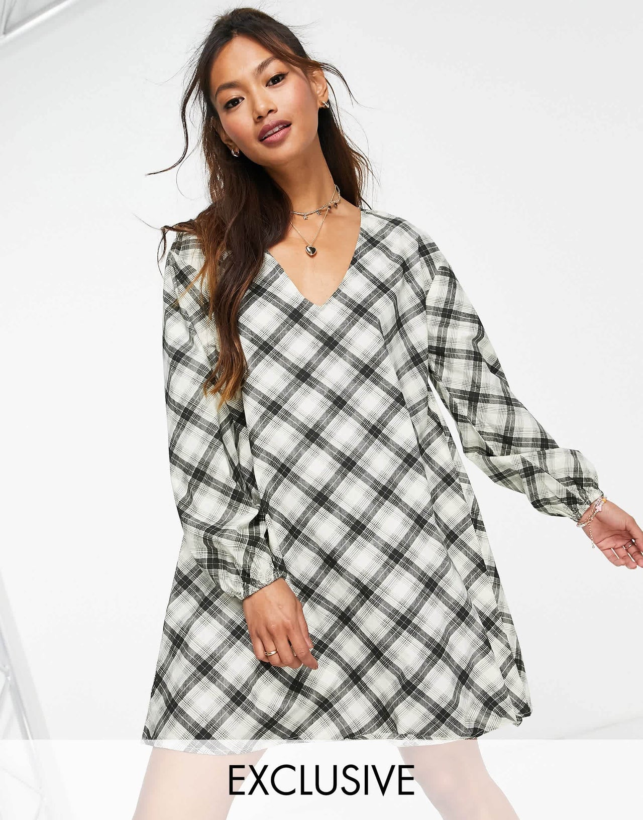 Stradivarius v-neck smock dress in green check