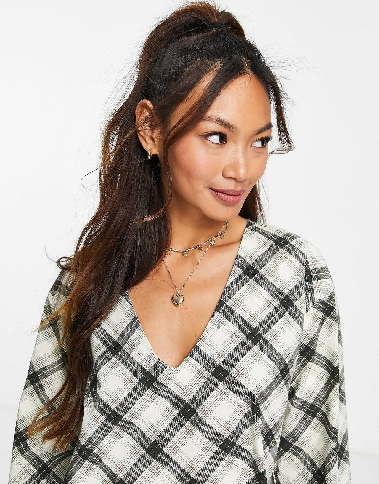 Stradivarius v-neck smock dress in green check
