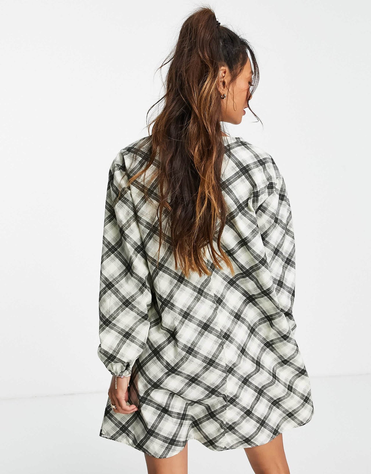 Stradivarius v-neck smock dress in green check
