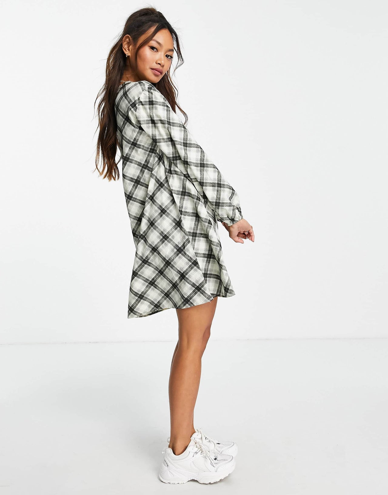 Stradivarius v-neck smock dress in green check