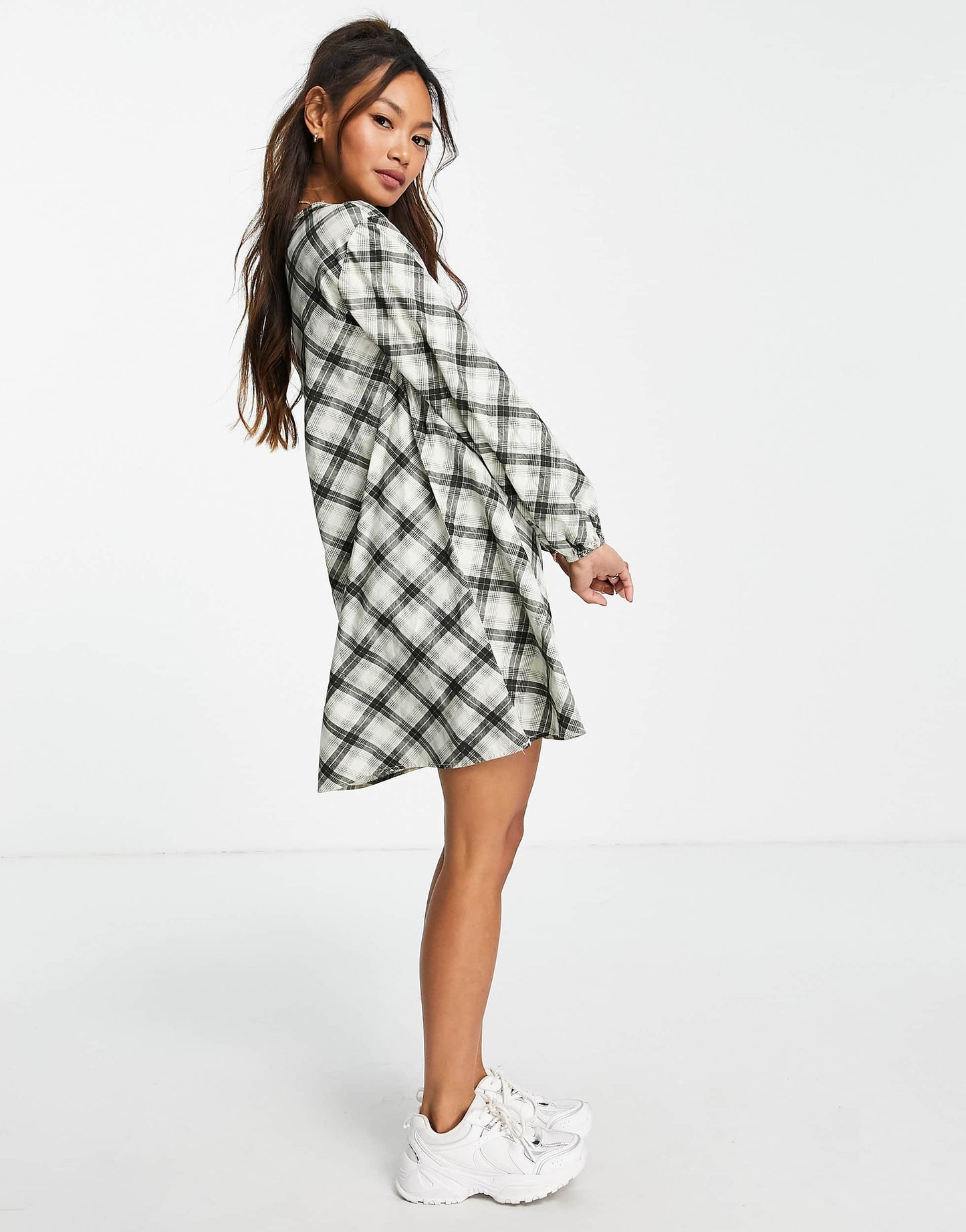 Stradivarius v-neck smock dress in green check