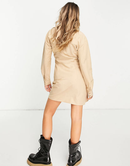 Bershka twist front shirt dress in beige