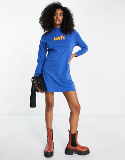 Levi's poster logo mock neck jersey dress in blue