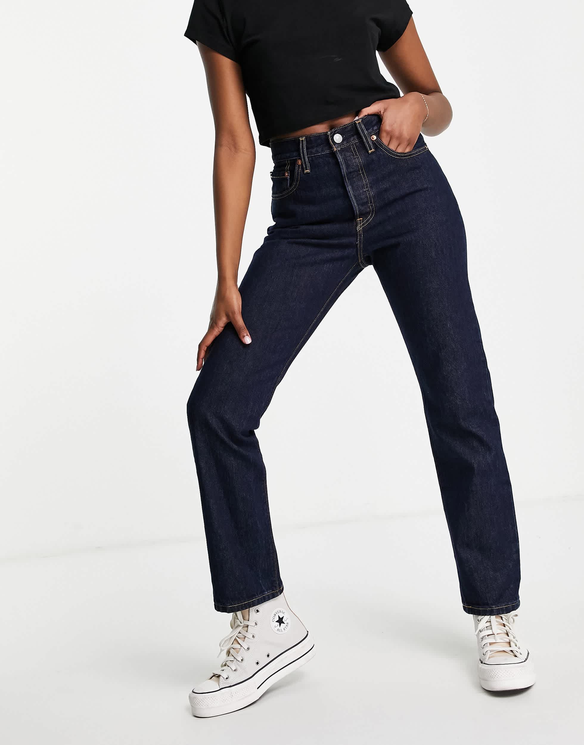 Levi's 501 high rise straight leg crop jean in dark wash blue
