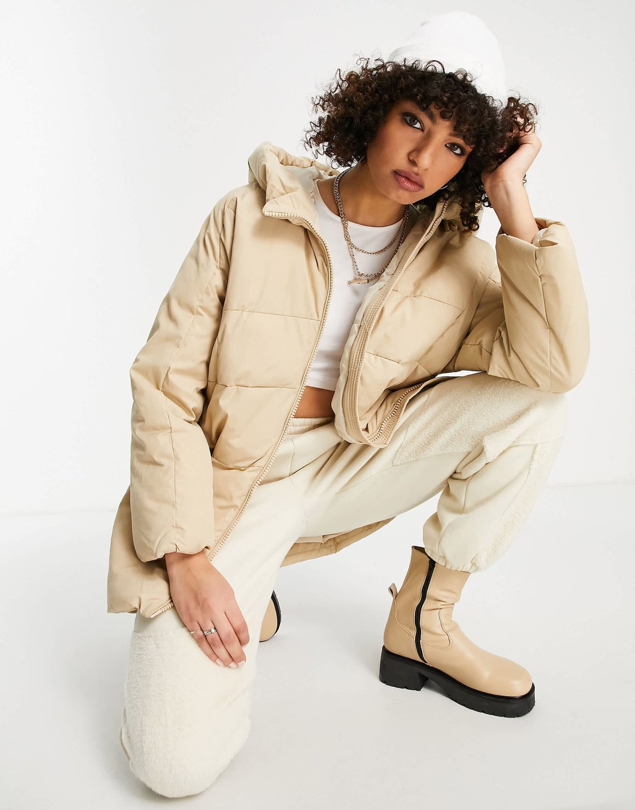 Bershka oversized long line padded coat in camel
