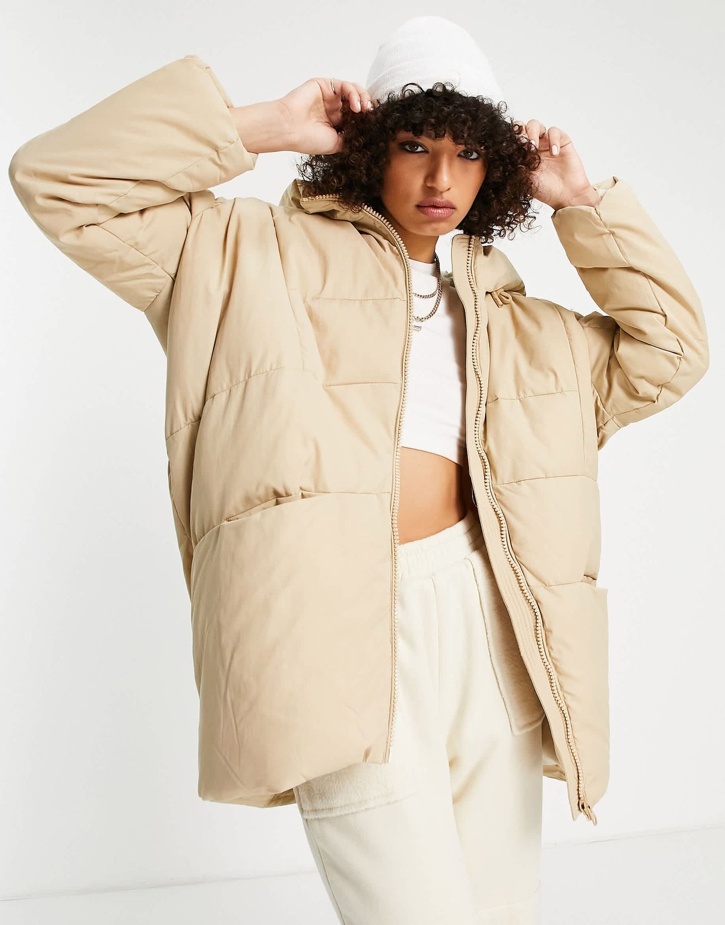 Bershka oversized long line padded coat in camel
