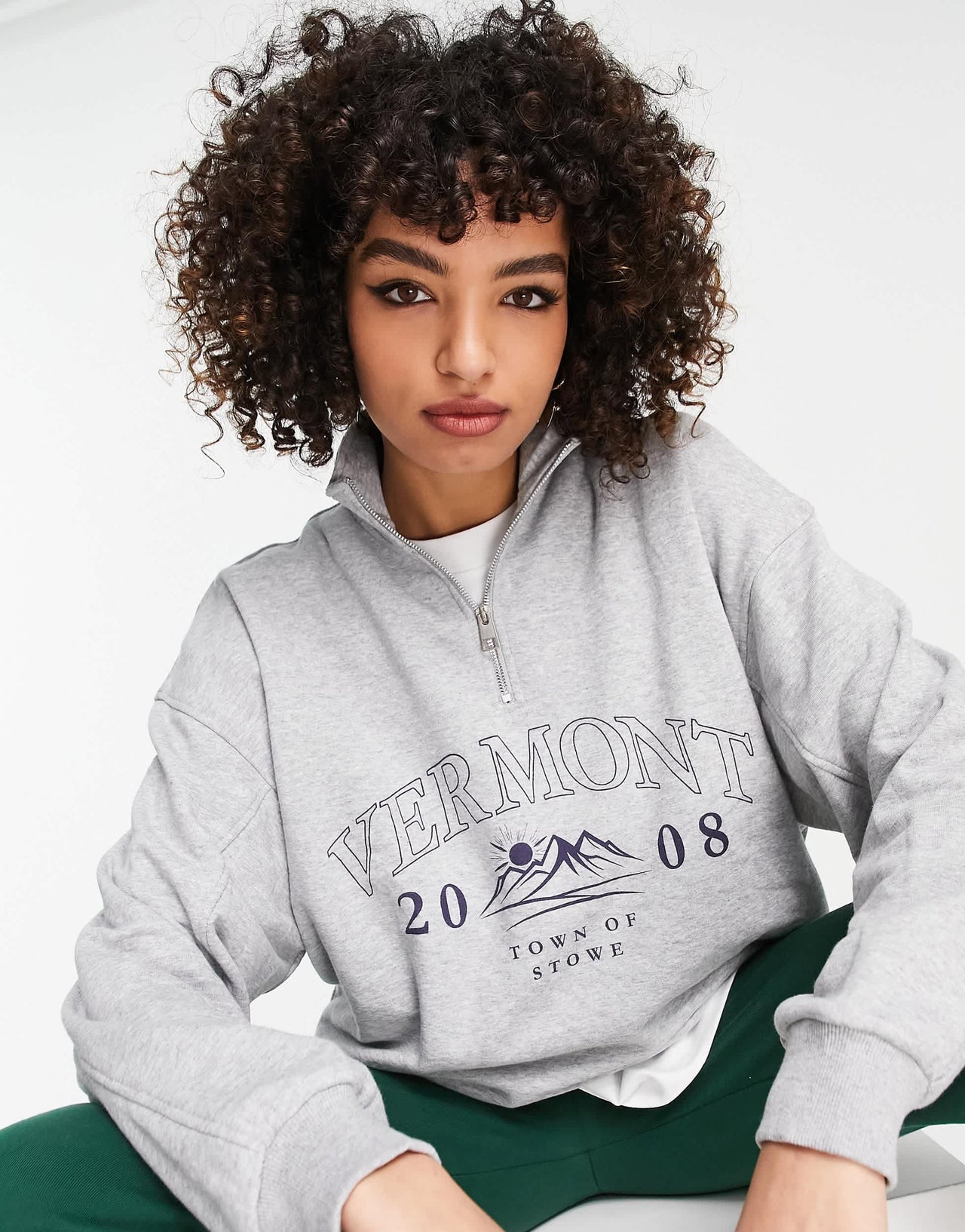 Bershka oversized half zip sweat with Vermont graphic in grey