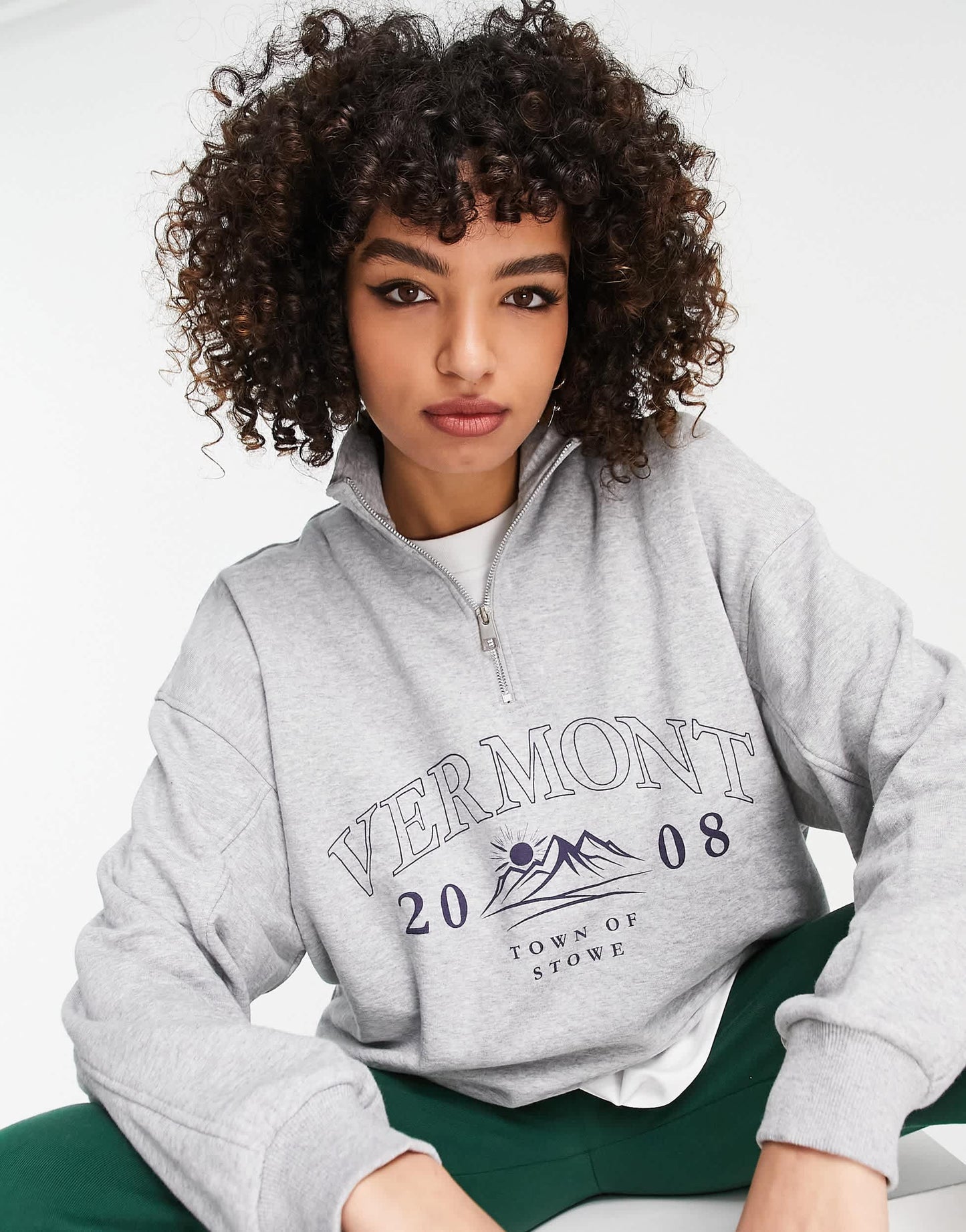 Bershka oversized half zip sweat with Vermont graphic in grey