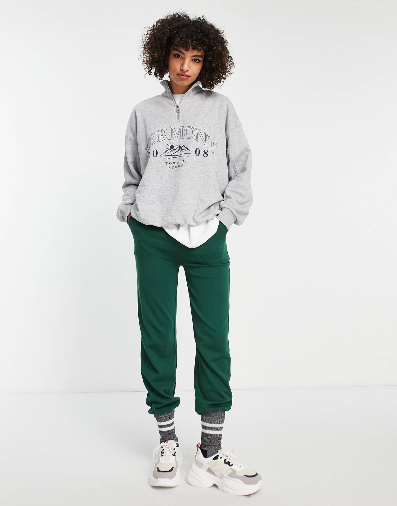 Bershka oversized half zip sweat with Vermont graphic in grey