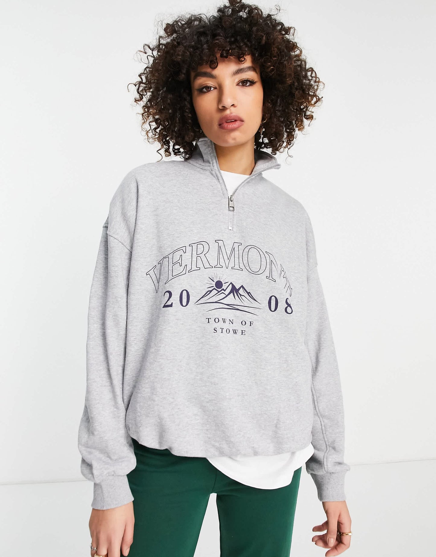 Bershka oversized half zip sweat with Vermont graphic in grey