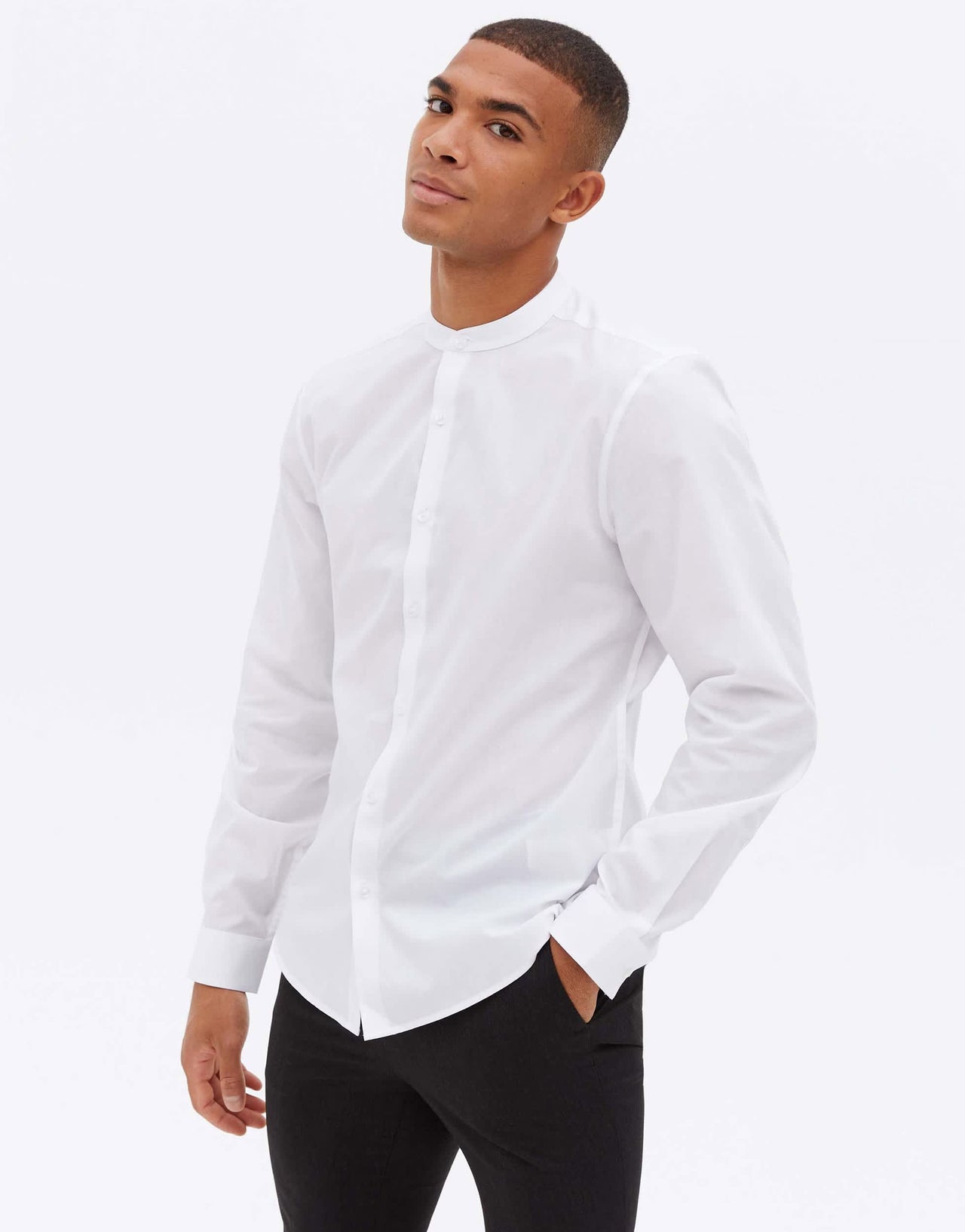 New Look long sleeve grandad poplin shirt in white