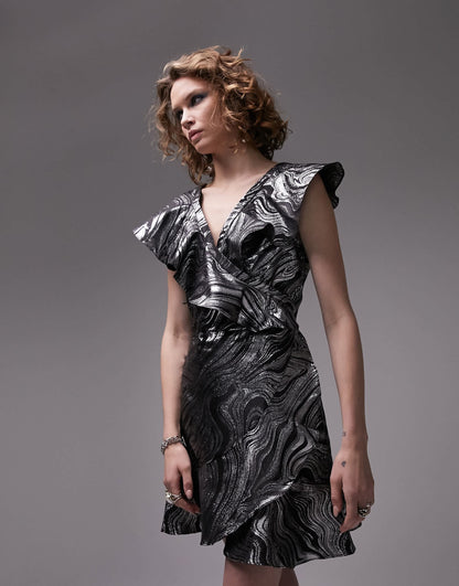 Topshop marble jacquard mini wrap dress in silver