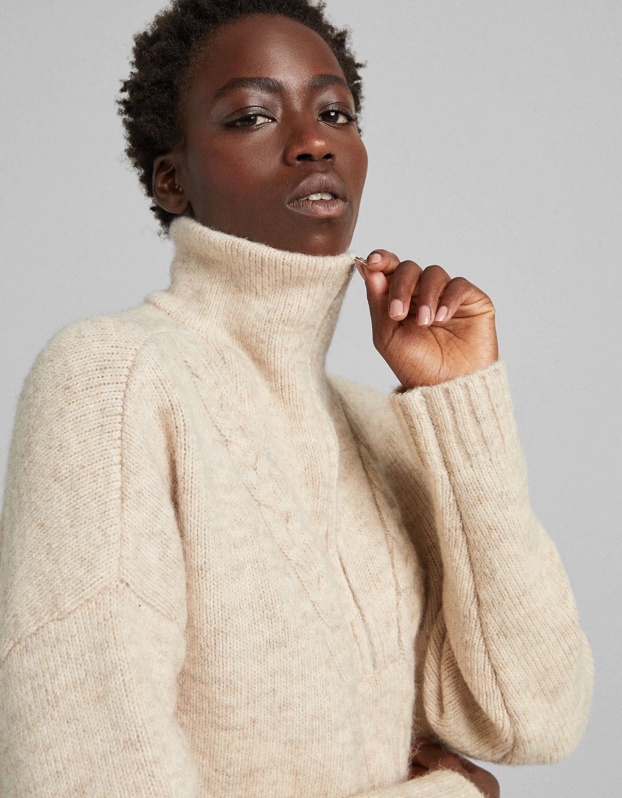 Bershka cable knit detail half zip jumper in beige