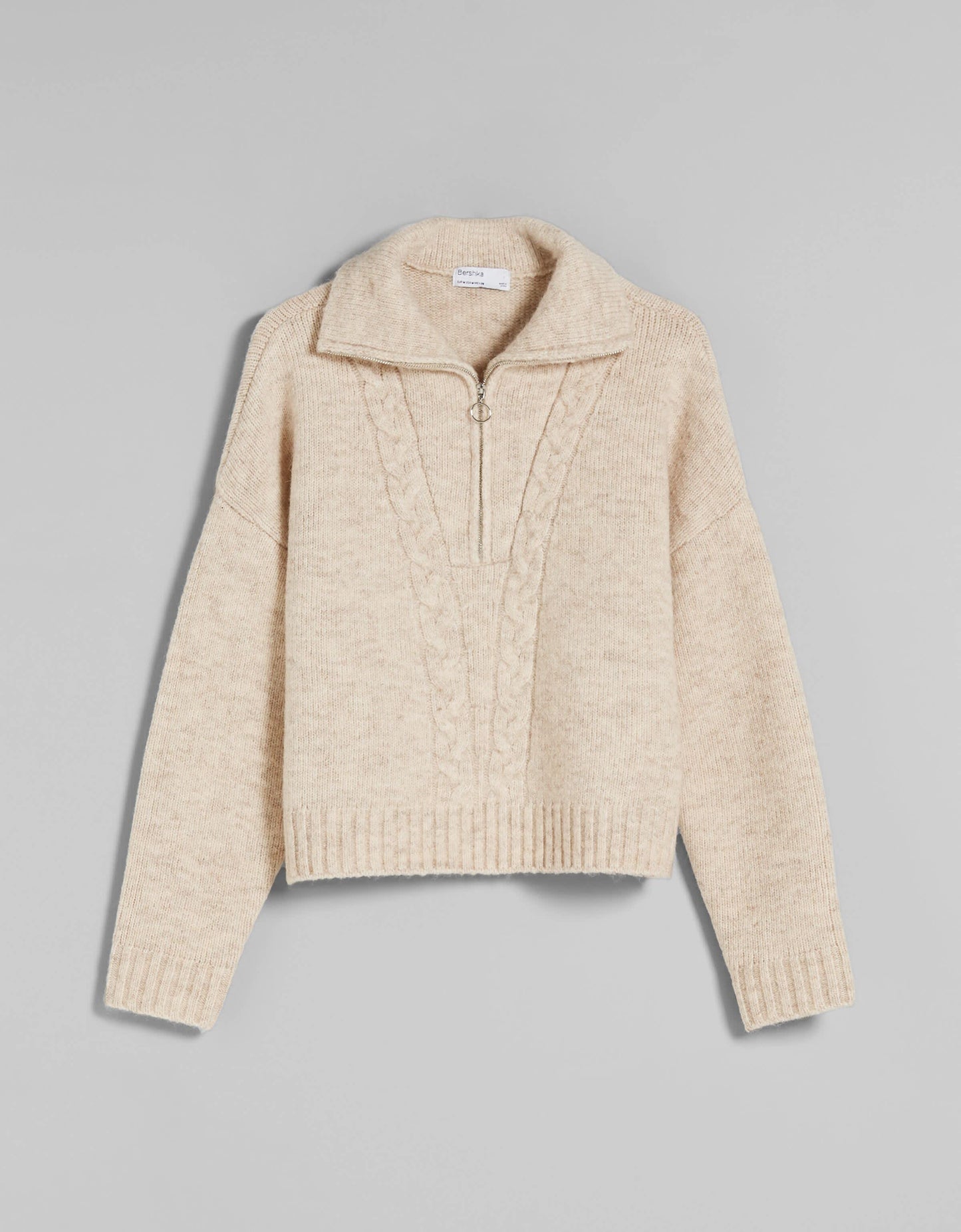Bershka cable knit detail half zip jumper in beige