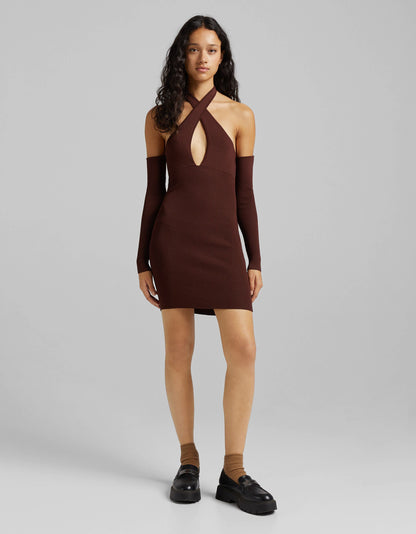 Bershka halter neck detail cut out mini dress in brown