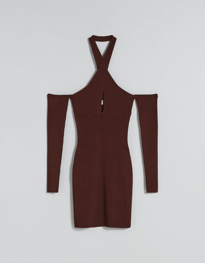 Bershka halter neck detail cut out mini dress in brown